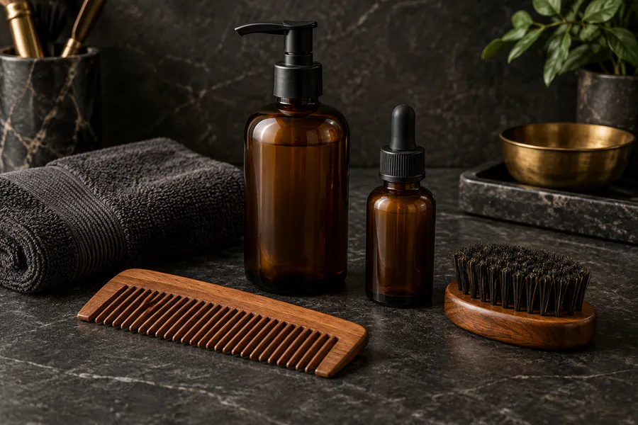 Men's hair care products, comb and grooming brush