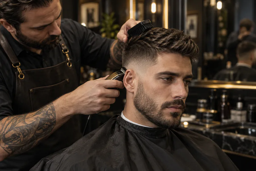 A barber finishing a modern men's haircut